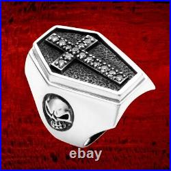 925 Sterling Silver Skulls and Cross Ring with White Cubic Zirconia Stones