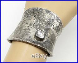 925 Sterling Silver Vintage Cubic Zirconia Accented Wide Cuff Bracelet- B5369