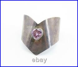 925 Sterling Silver Vintage Pink Cubic Zirconia Heart Cuff Bracelet B8689