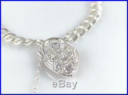 925 Sterling Silver Women Charm Bracelet Cubic Zirconia Heart Padlock 7.5