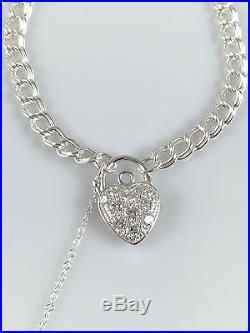 925 Sterling Silver Women Charm Bracelet Cubic Zirconia Heart Padlock 7.5