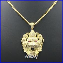 9ct Yellow Gold On 925 Silver Cubic Zircon Lion's Head Pendent & Chain 1611
