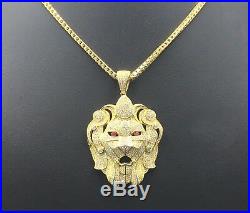 9ct Yellow Gold On 925 Silver Cubic Zircon Lion's Head Pendent & Chain 1611