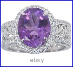 Amethyst Gemstone Oval Cubic Zirconia Intricate Cut-out Sterling Silver 925 Ring