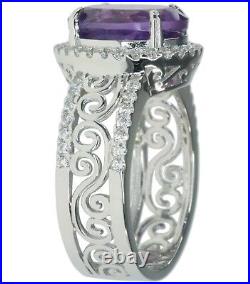 Amethyst Gemstone Oval Cubic Zirconia Intricate Cut-out Sterling Silver 925 Ring