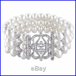 Amour Sterling Silver Freshwater Pearl and Cubic Zirconia Bracelet