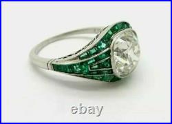 Art Deco Old Mine Cut Cubic Zirconia Emerald Vintage Style Ring 14k White GoldFN