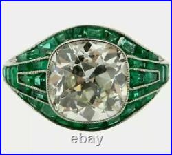 Art Deco Old Mine Cut Cubic Zirconia Emerald Vintage Style Ring 14k White GoldFN