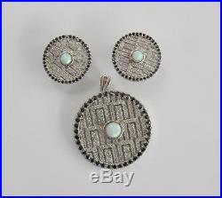 Art Deco Sterling Silver Cubic Zirconia & Opal Earrings Pendant Set 12.6grams