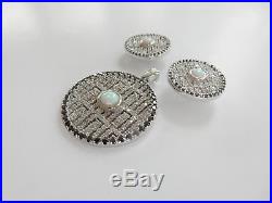 Art Deco Sterling Silver Cubic Zirconia & Opal Earrings Pendant Set 12.6grams
