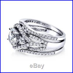 BERRICLE Silver Cubic Zirconia CZ Halo 3-Stone Engagement Ring Set 2.36 Carat