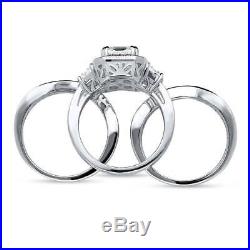 BERRICLE Silver Emerald Cubic Zirconia CZ Halo Engagement Ring Set 4.68 Carat