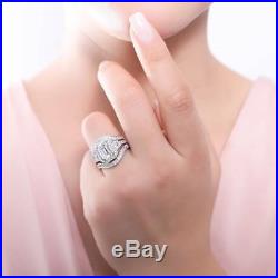 BERRICLE Silver Emerald Cubic Zirconia CZ Halo Engagement Ring Set 4.68 Carat