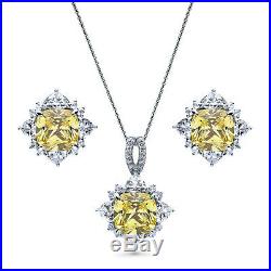 BERRICLE Sterling Silver Canary Cushion Cubic Zirconia Flower Halo Fashion Set