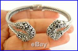 Balinese Ornate White Cubic Zirconia 925 Sterling Silver Cuff Bangle Bracelet