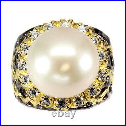 Baroque White Pearl 14mm White Cubic Zirconia 925 Sterling Silver Big Ring
