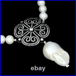 Baroque White Pearl 28x17mm Cubic Zirconia 925 Sterling Silver Necklace 14.5inch