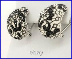 Belle Etoile 925 Fleur de Lace white black cubic enamel omega back earrings NEW