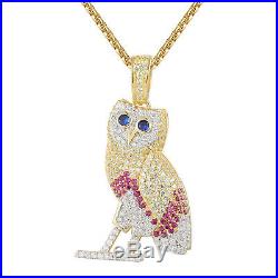 Blue Eyed Owl Pendant Sterling Silver Gold Finish Multi Colored Cubic Zirconia