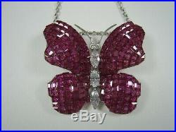 Butterfly Necklace INVISIBLY SET LAB RUBY & CUBIC ZIRCONIA 925 STERLING SILVER
