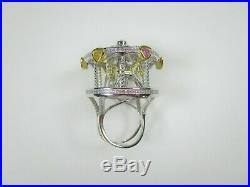 CAROUSEL RIDING HORSES RING #8 FANCY CUBIC ZIRCONIA White Gold over 925 Silver