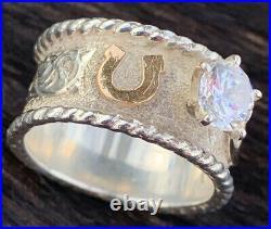 COWBOY JEWELERS Engraved Sterling 14KT Gold Fill Cubic Zirconia Ring Size 7