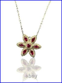 Created Ruby Cubic Zirconia Flower Pendant Necklace Sterling Silver Gift Boxed