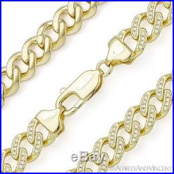 Cuban Curb Link CZ Crystal 10.2mm Chain Necklace 925 Sterling Silver & 14k Y GP