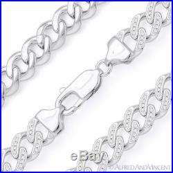Cuban Curb Link CZ Crystal 10.2mm Chain Necklace. 925 Sterling Silver with Rhodium