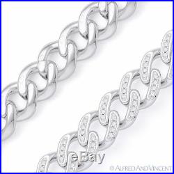 Cuban Curb Link CZ Crystal 10.2mm Chain Necklace. 925 Sterling Silver with Rhodium