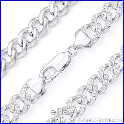Cuban Curb Link CZ Crystal 8.5mm Chain Necklace. 925 Sterling Silver with Rhodium