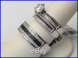Cubic Zarconia His Her Men Women Black CZ Sterling Silver Trio Set Wedding Ring