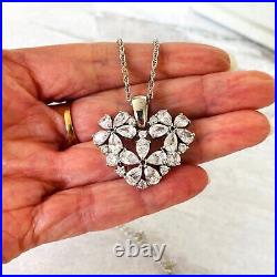 Cubic Zirconia Flowers Heart Shaped Pendant Necklace Sterling Silver 18 to 21