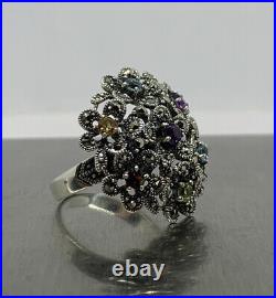 Cubic Zirconia Marcasite 925 Sterling Silver Chunky 8.4g Flower Ring Size US 8