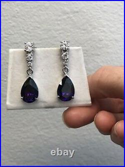 Designer Sterling Silver 925 Purple White Cubic Zirconia Statement Drop Earrings