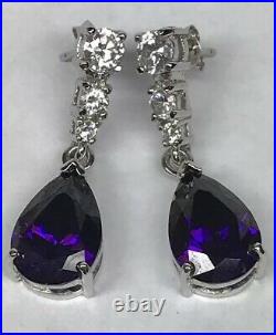 Designer Sterling Silver 925 Purple White Cubic Zirconia Statement Drop Earrings