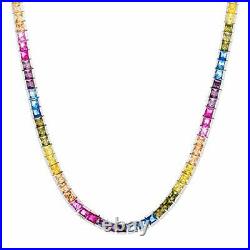Diamoness Sterling Silver Rainbow Tennis Necklace Square Cut Cubic Zirconia 18