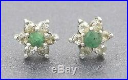 Emerald & Cubic Zirconia CZ Sterling Silver Ladies Stud Earrings Pierced Ears