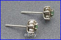 Emerald & Cubic Zirconia CZ Sterling Silver Ladies Stud Earrings Pierced Ears