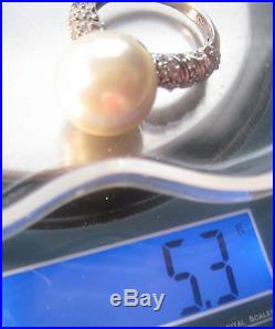 Estate 925 Sterling Signed M & N 12mm Pearl Pavé CZ Cubic Zirconia Ring SZ 5 ½