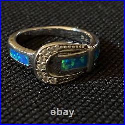 Estate Sterling Silver Opal Inlay Cubic Zirconia Buckle Design Band Ring Size 6