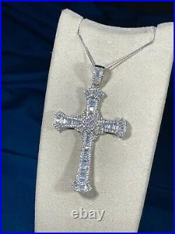 Exclusive Baguette Cross 925 Sterling Silver Necklace Iced Out Cubic Zirconia