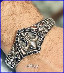Flor De Lys Sterling Silver Cuff With Black Cubic Zirconia Stones