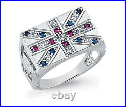 Gents Sterling Silver Stone Set Cubic Zirconia Union Jack Ring