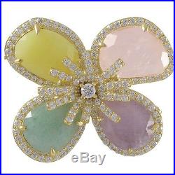 Gold Finish Sterling Silver Gemstone and Cubic Zirconia Flower Brooch