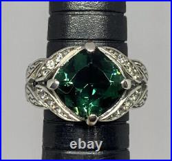 Green Sapphire Cubic Zirconia 925 Sterling Silver Bali Leaf Design Ring Size US6