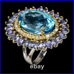 Handmade Oval Sky Blue Topaz 25ct Tanzanite Cz 925 Sterling Silver Ring Size 10