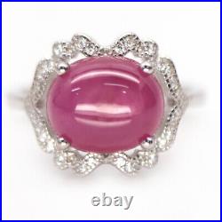 Heated 10 X 12 MM. Pink Ruby & Cubic zirconia 925 Sterling Silver Ring Sz 7.75