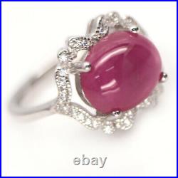 Heated 10 X 12 MM. Pink Ruby & Cubic zirconia 925 Sterling Silver Ring Sz 7.75