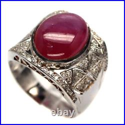 Heated 11 x 14 MM. Red Ruby & Cubic Zirconia Ring 925 Sterling Silver Size 8.25